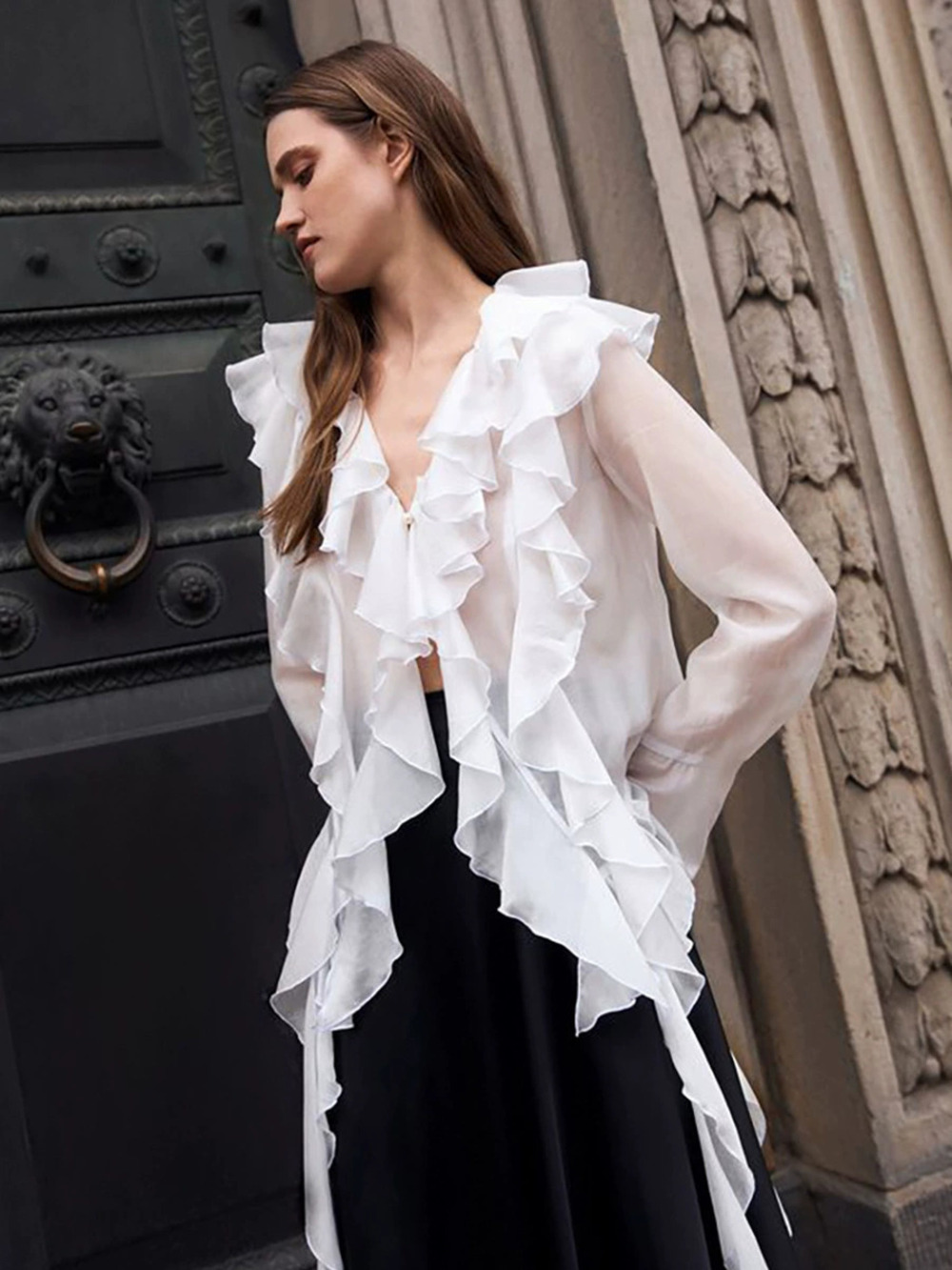 Forever 21 Tencel Ruffled Collar Flare Sleeve Blouse Spring